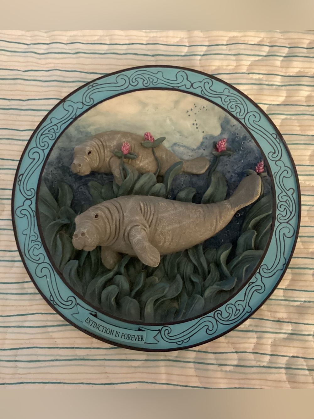 Coastal Manatee Relief Wall Art in Teal and Gray